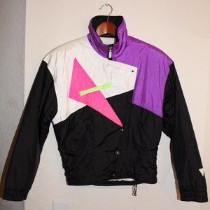 Fera Ski Wear Snow Jacket VTG 80s 90s Color Blocked Geometric Black Belted Sz 8